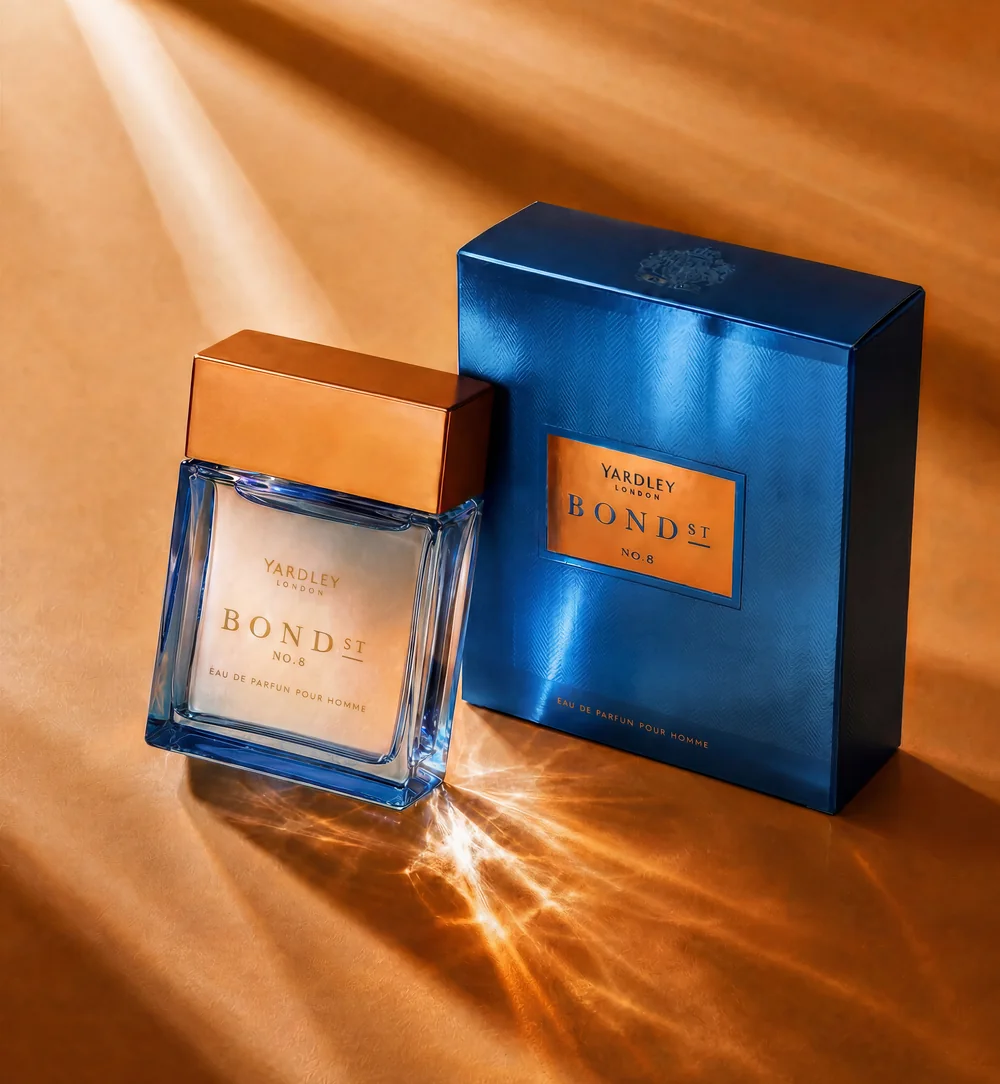 Yardley Bond Street fragrance bottle and carton in blue with a copper foil label