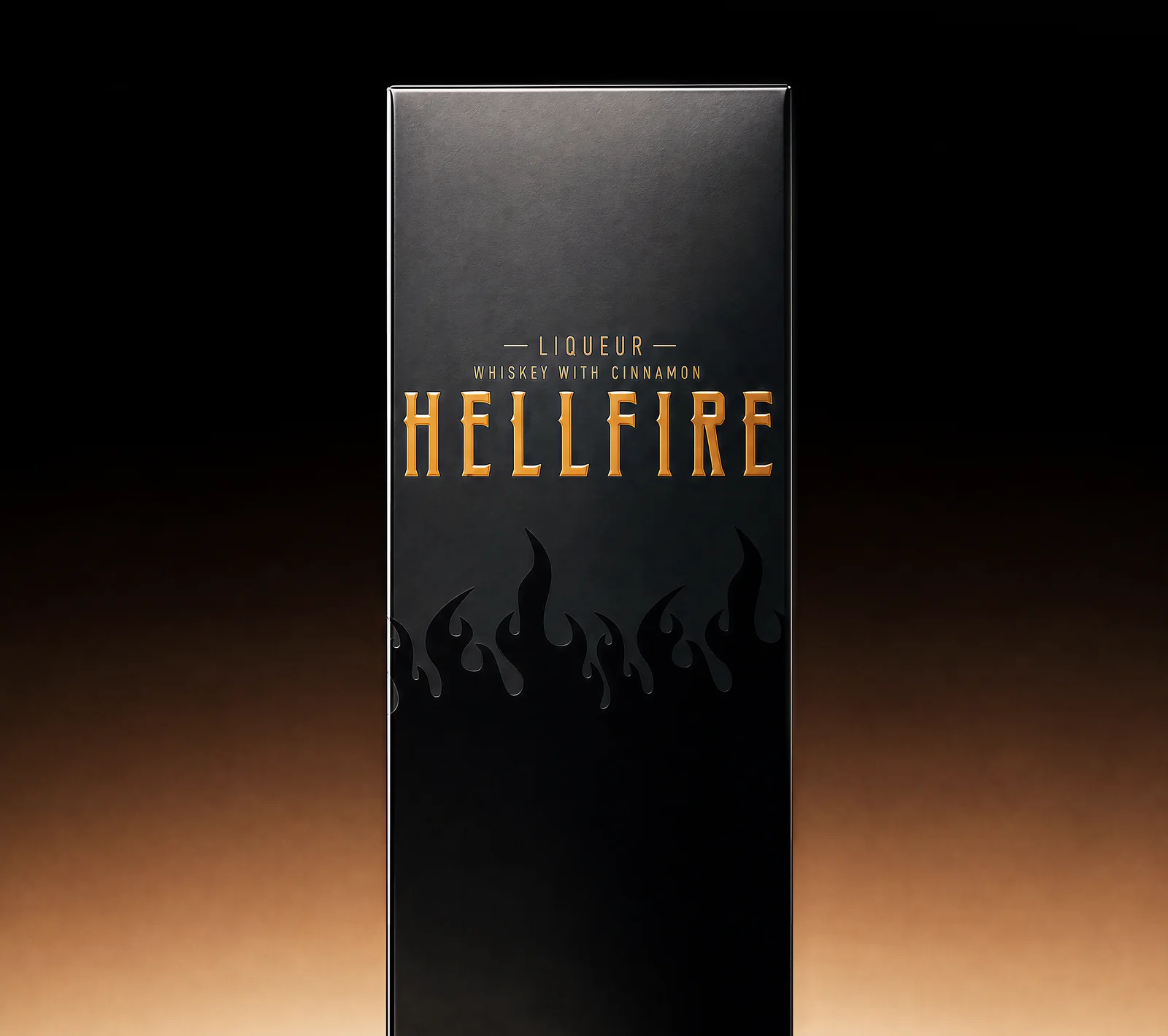 Hellfire whiskey liqueur carton in black with gold foil lettering and embossed flames