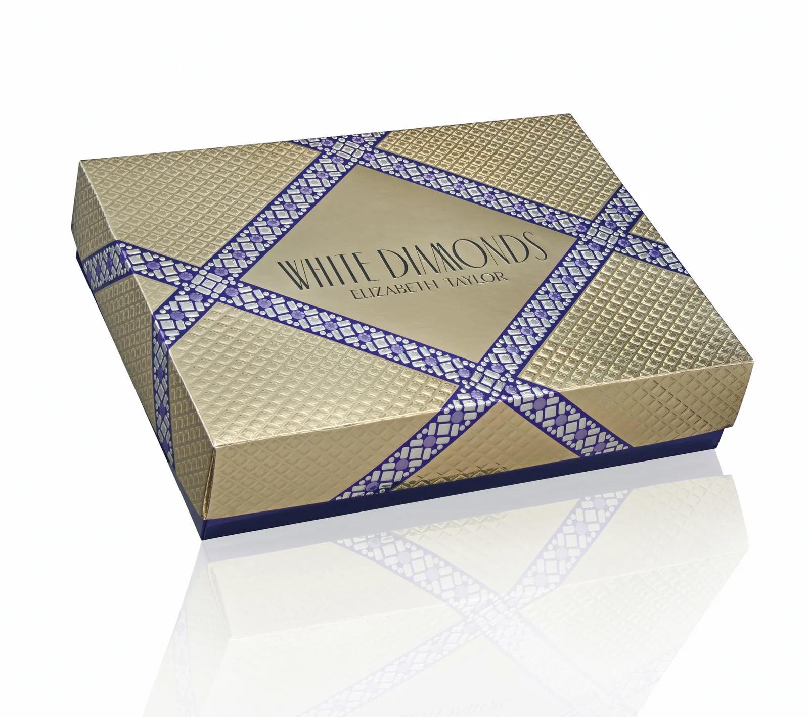 Elizabeth Taylor White Diamonds gift box in embossed gold foil with a jewelled ribbon pattern