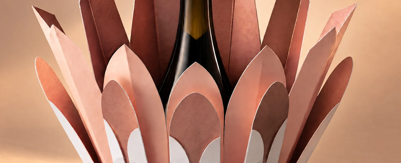 Boschendal sparkling wine wrapped in folded pink protea petals