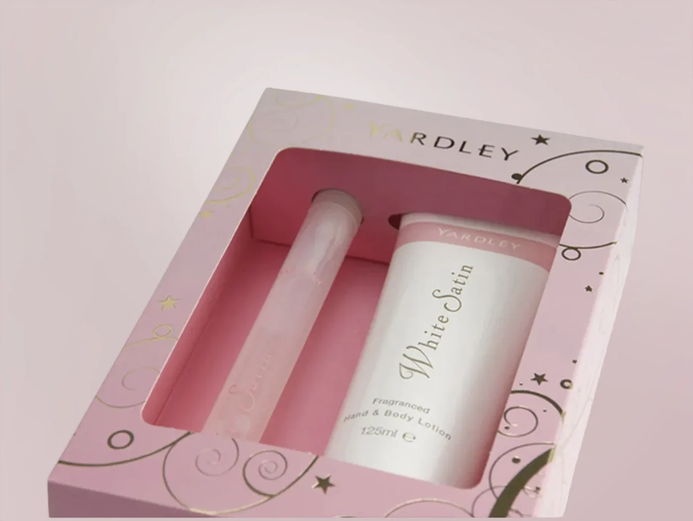 Yardley White Satin gift carton in pink board with a window and gold foil swirls