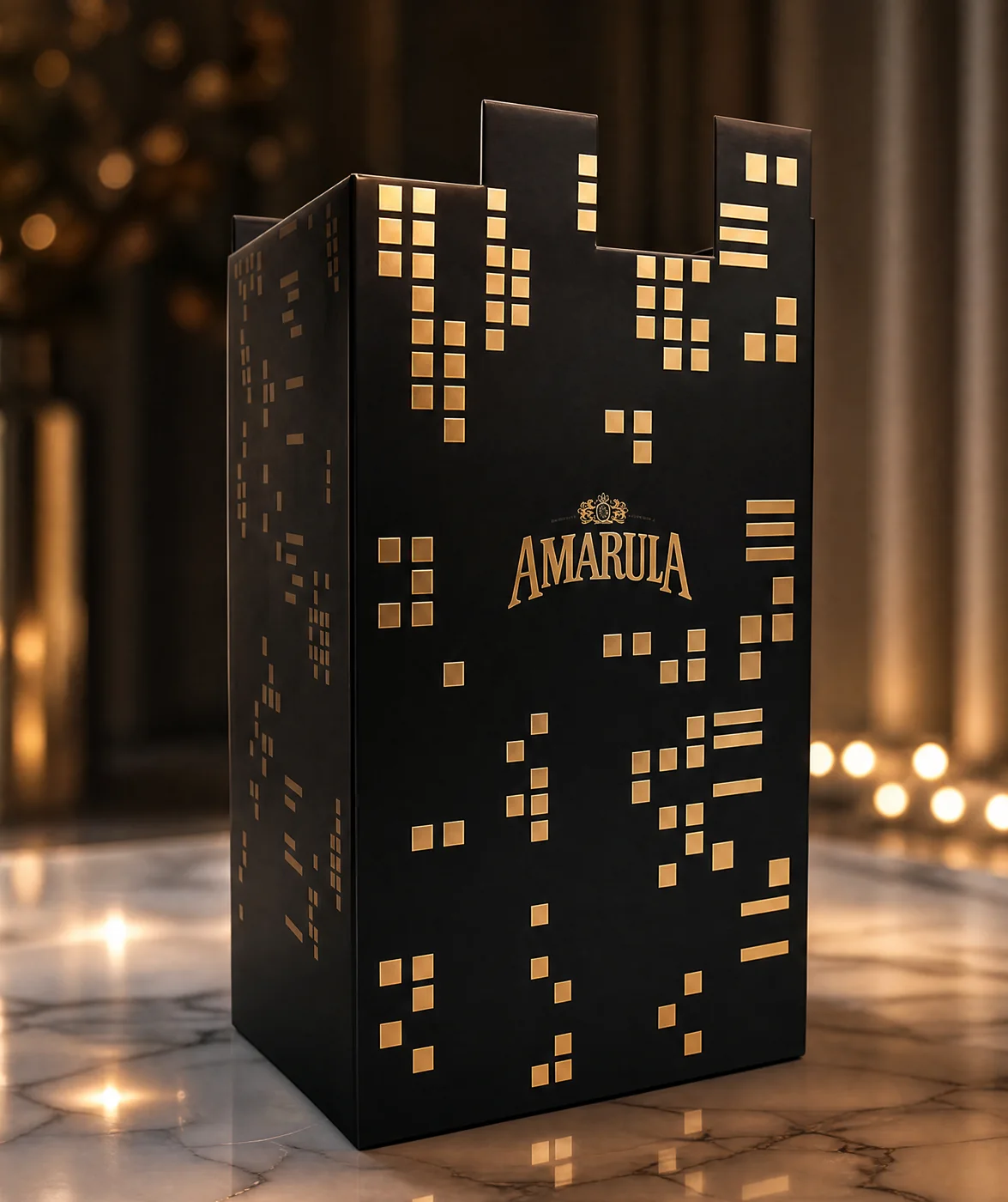Amarula Gold carton with a gold foil city skyline