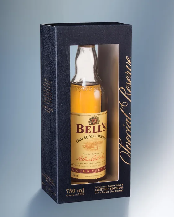 Bell's Special Reserve window carton with gold foil on textured navy board