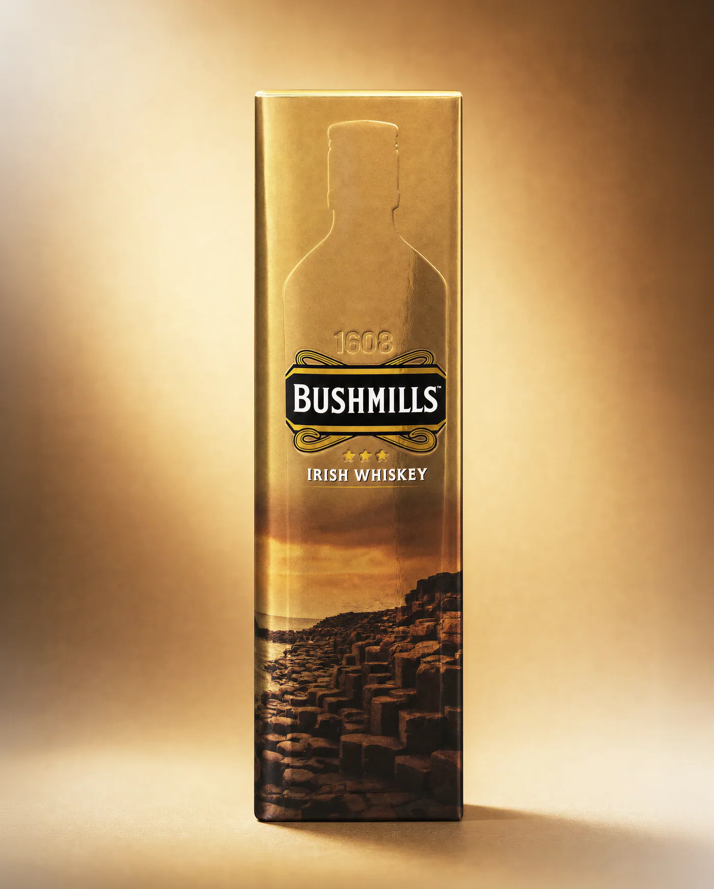 Bushmills Irish Whiskey carton in metallic gold