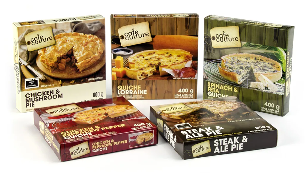 Frozen pie and quiche cartons, colour-matched across the range