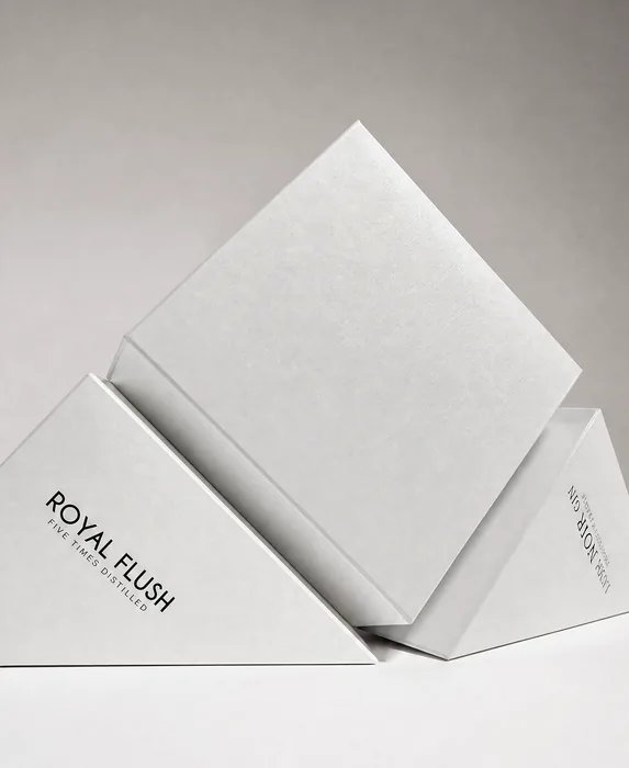 Royal Flush gin cartons in white board, angled on their points