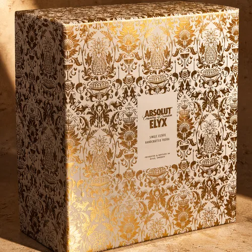 Absolut Elyx gift box with an all-over cold foil pattern