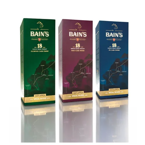 Bain's 18 Year Old single grain whisky cartons in green, plum and blue
