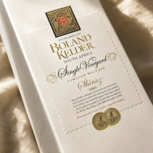 Boland Kelder Single Vineyard Shiraz carton with foil and embossing