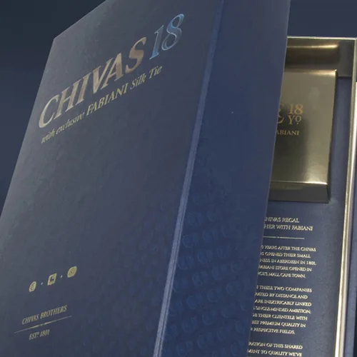 Chivas Regal 18 gift box with an exclusive Fabiani silk tie, in navy with silver foil