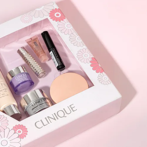 Clinique gift set box in pink with a floral print and window