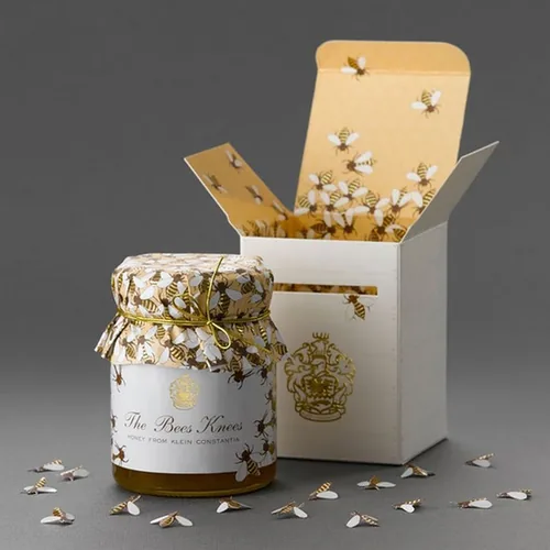 Klein Constantia The Bees Knees honey jar and gift box printed with gold bees
