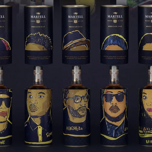 Martell gift packs, each printed with a different illustrated portrait